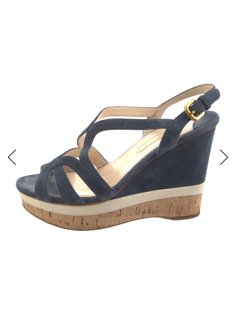 Prada so 9 Women's Navy Suede Wedge Sandals with Cork Platform
